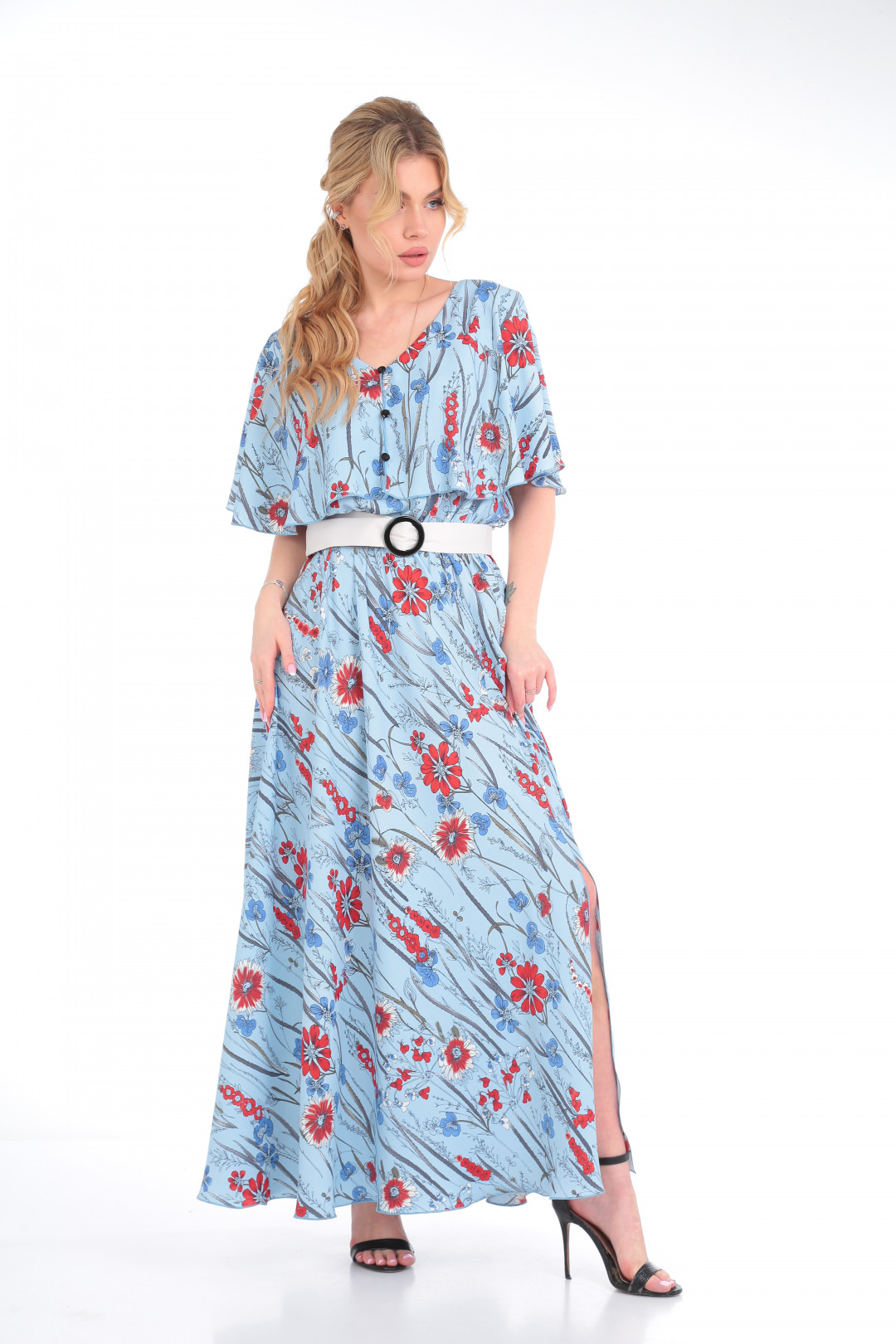 Платье Anastasia 892 голубой с молочным поясом