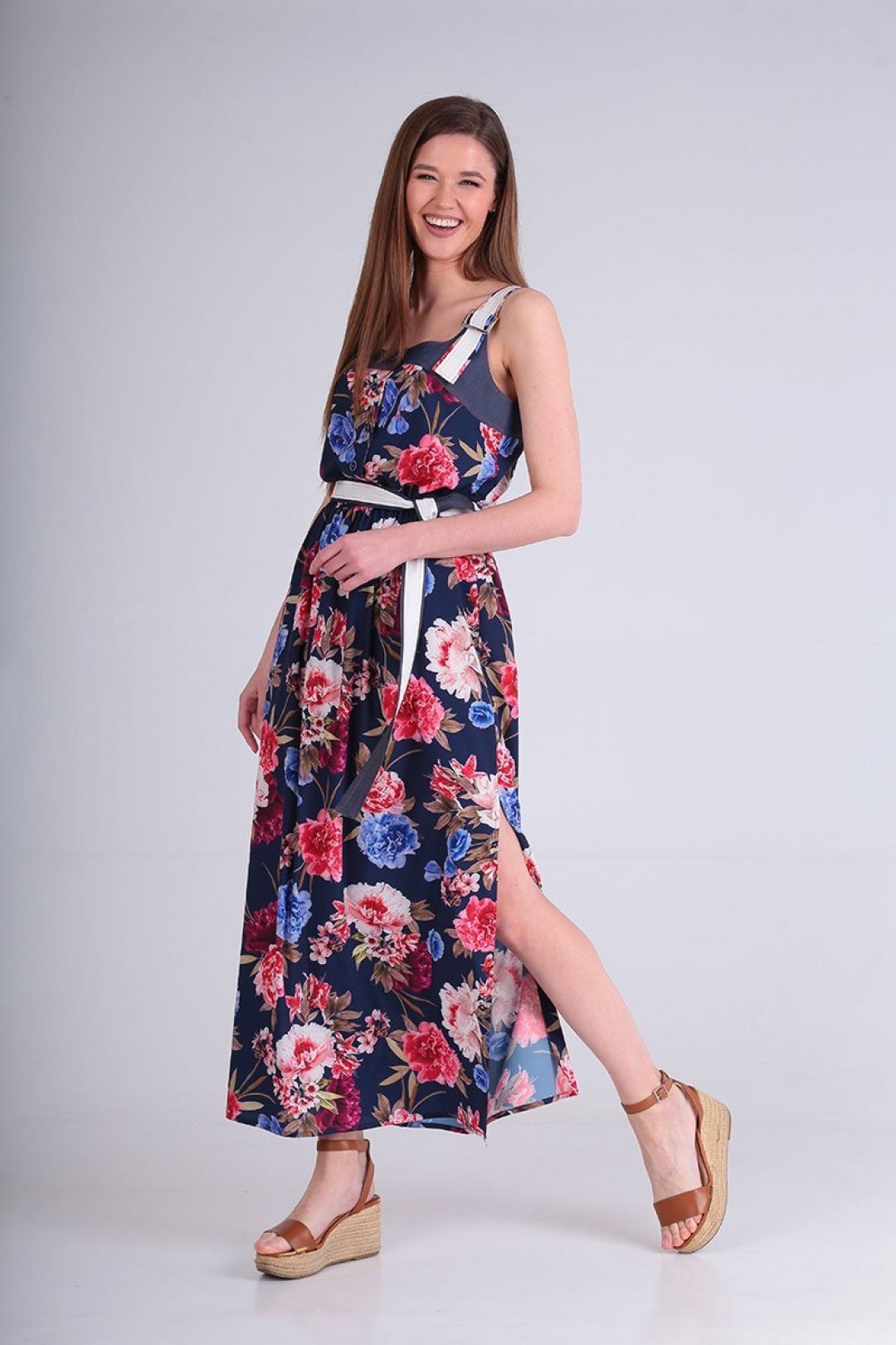 Платье ANASTASIA MAK 710 синий+цветы