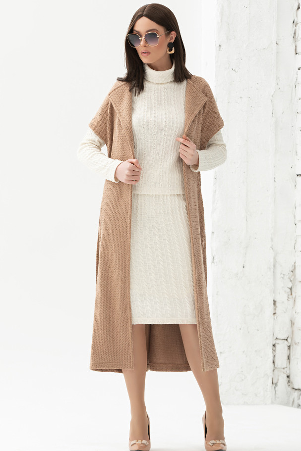 Костюм Дива 1365-1 коричневый жилет, молочный джемпер+ юбка