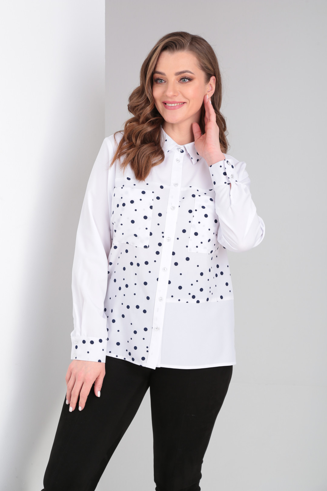 Рубашка Элль-стиль 528/2-белый+темно синий мелкий горошек