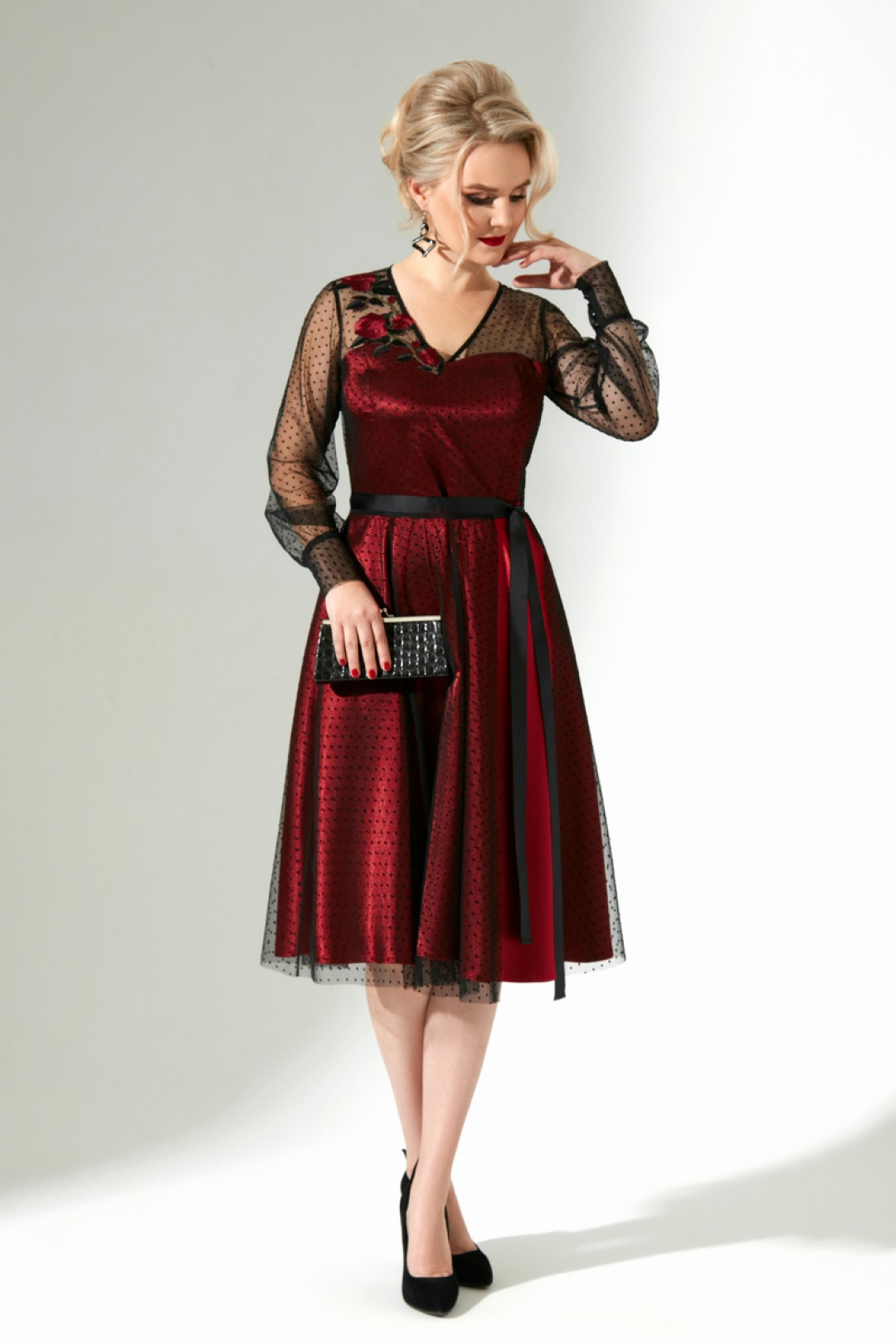 Платье ЕвроМода 325 красный+черная сетка