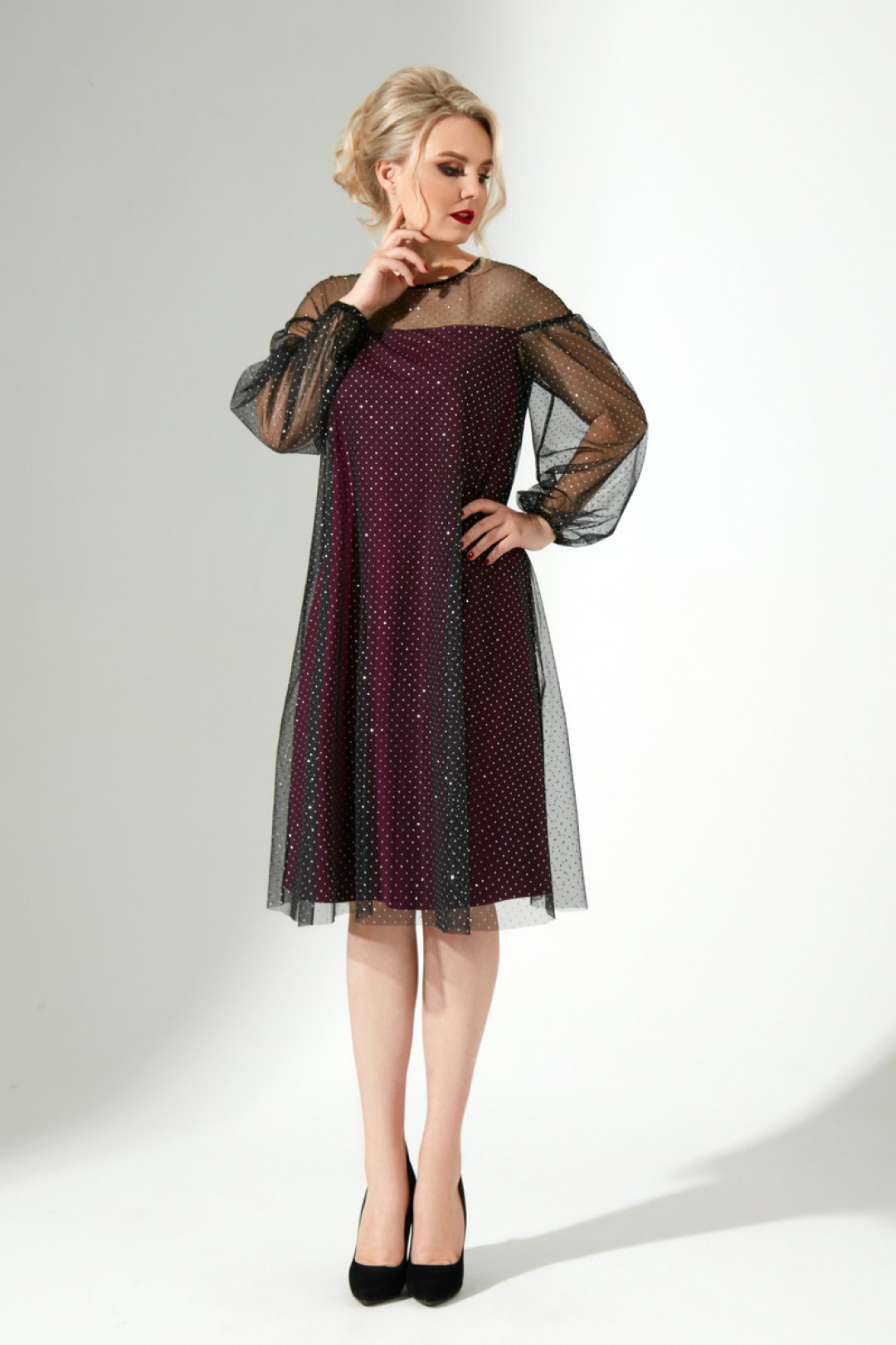 Платье ЕвроМода 331 баклажан+ черная сетка