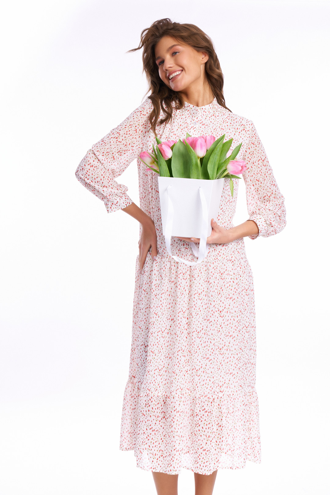 Платье KaVari 1023 молочный  принт тюльпаны