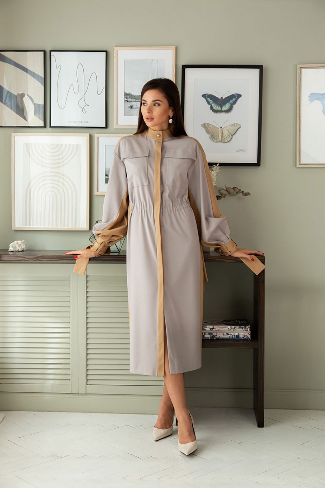 Платье ЛадисЛайн 1390 серый+ бежевый