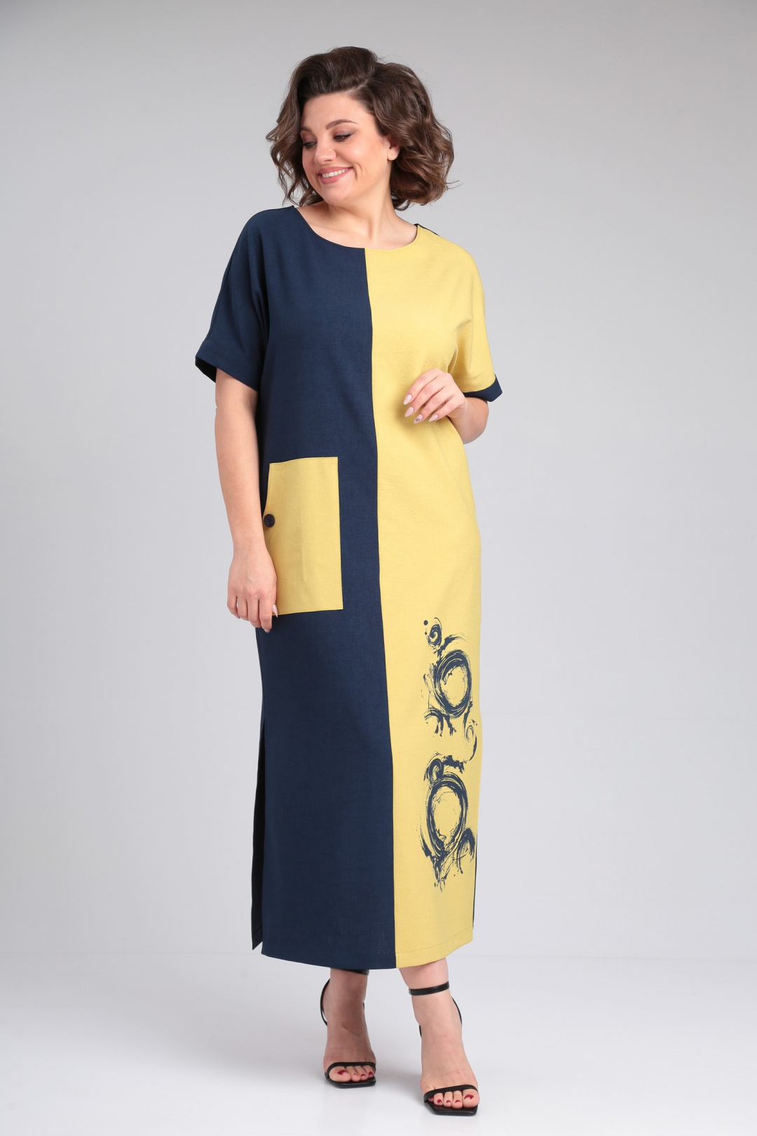 Платье ЛадисЛайн 1494 темно-синий + горчица