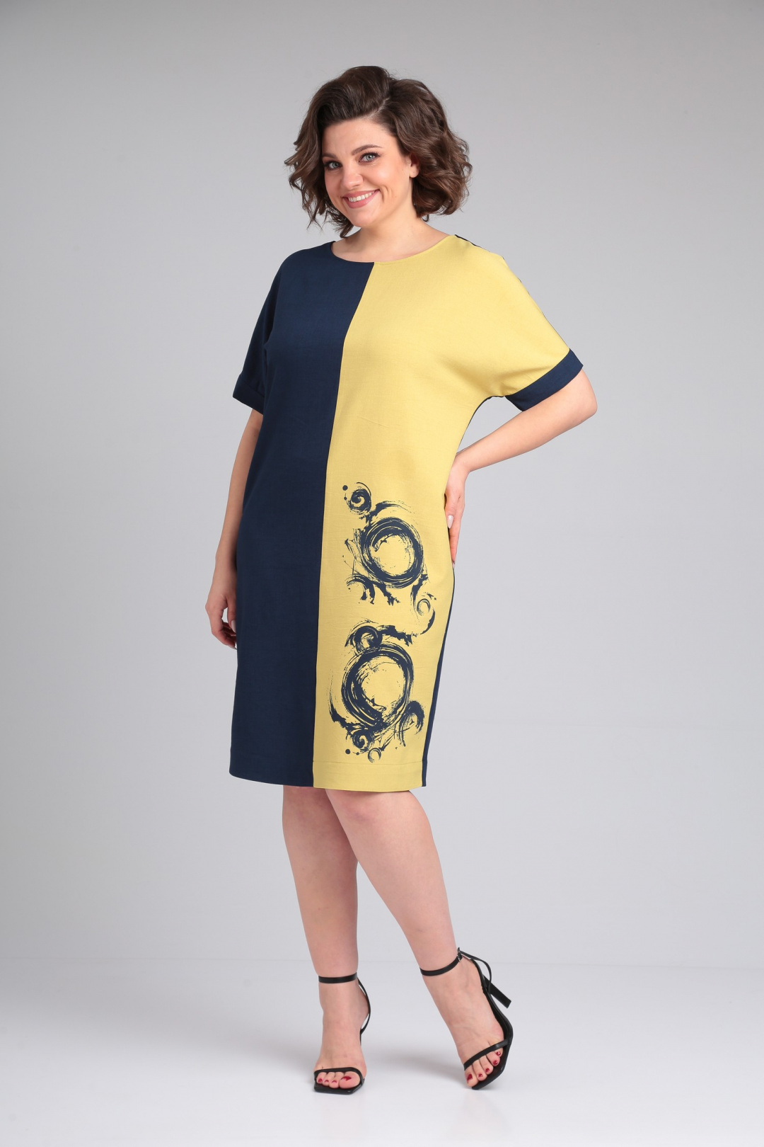 Платье ЛадисЛайн 1495 темно-синий + горчица