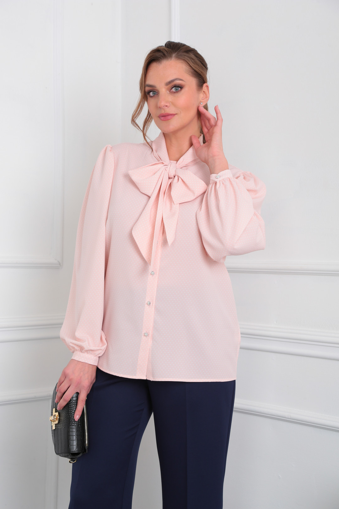 Блузка LadyLine 524 розовый с белым  горошком