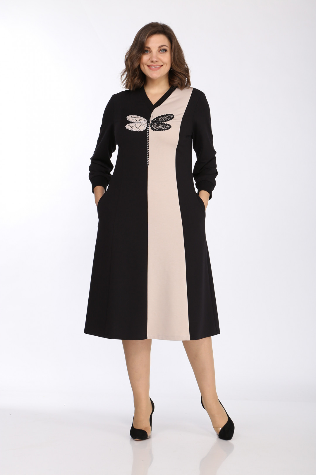 Платье LadyStyleClassic 2407 Черный с бежевым Стрекоза