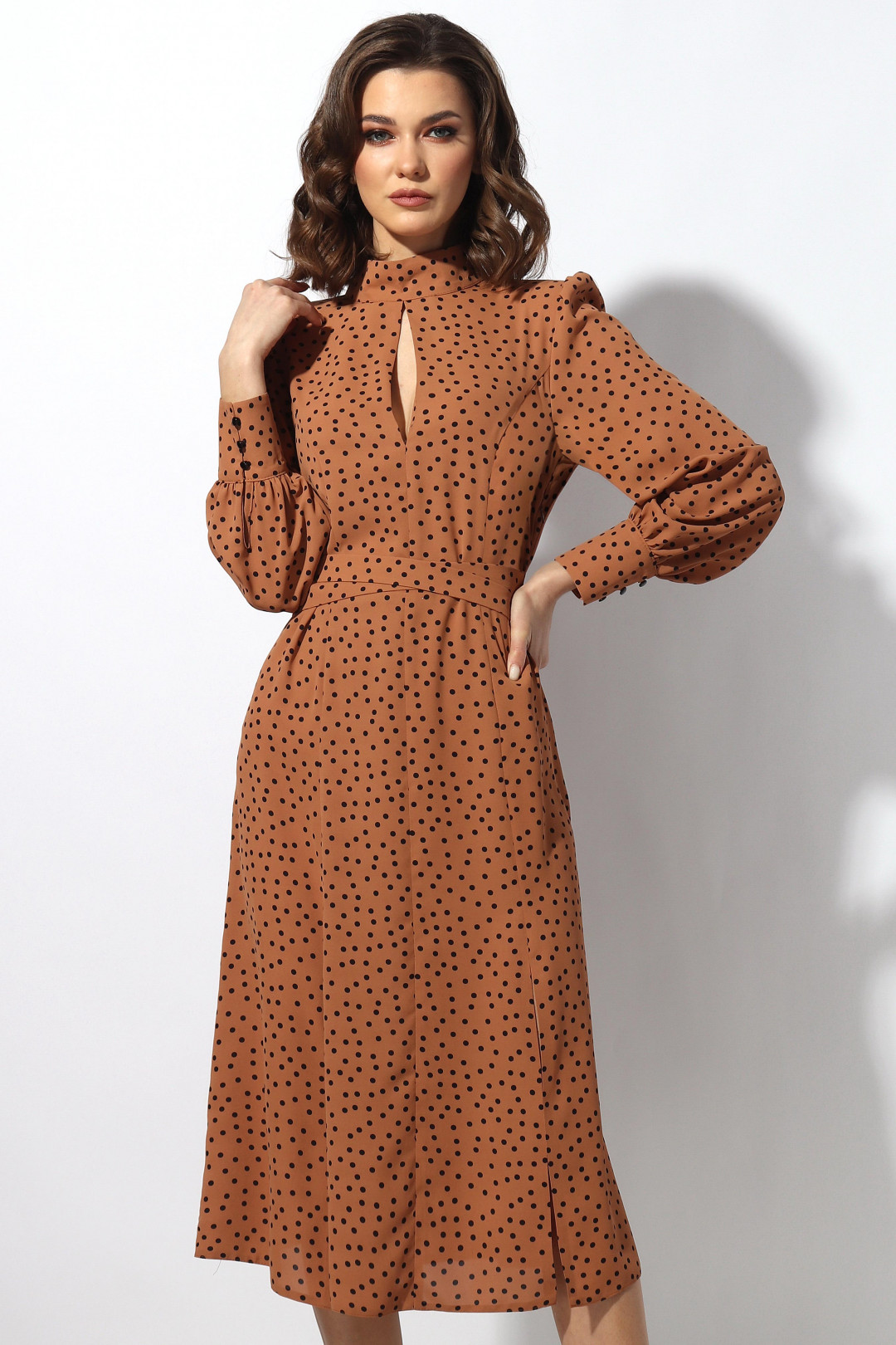 Платье МиА-Мода 1319 светло-коричневый в черный горошек
