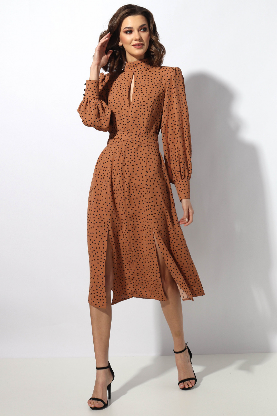 Платье МиА-Мода 1319 светло-коричневый в черный горошек