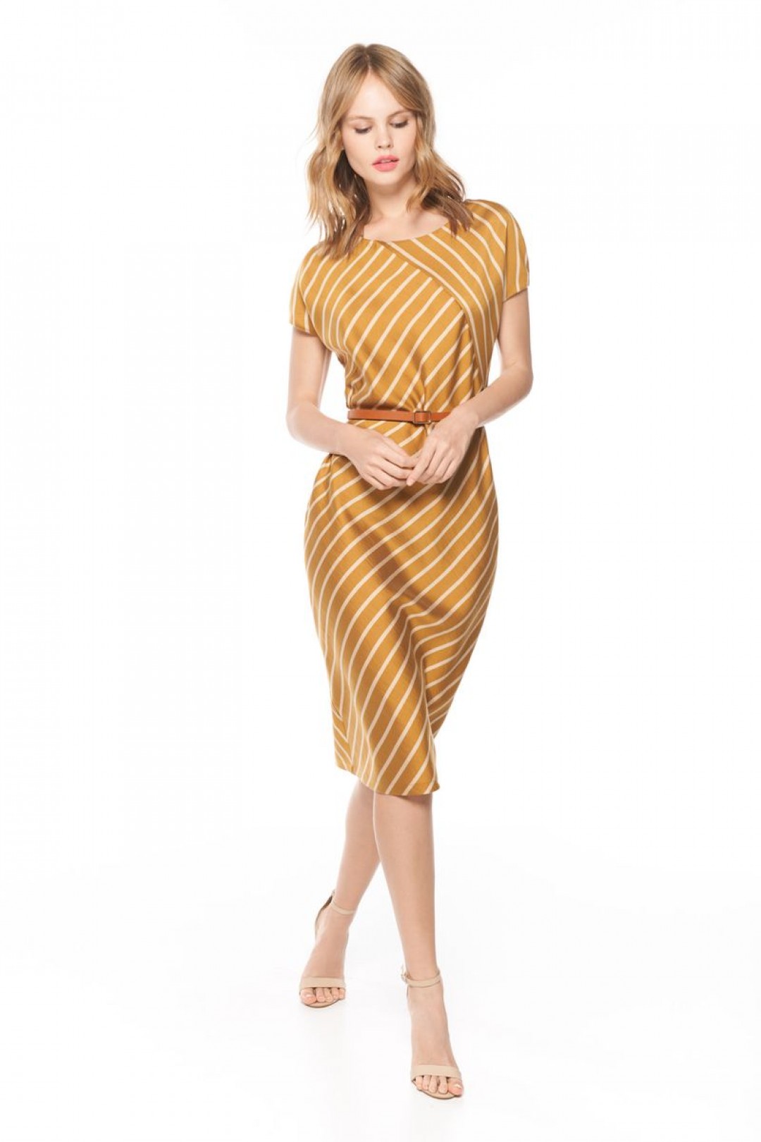 Платье NIKA 5417 золотисто-горчичный в бежевую полоску