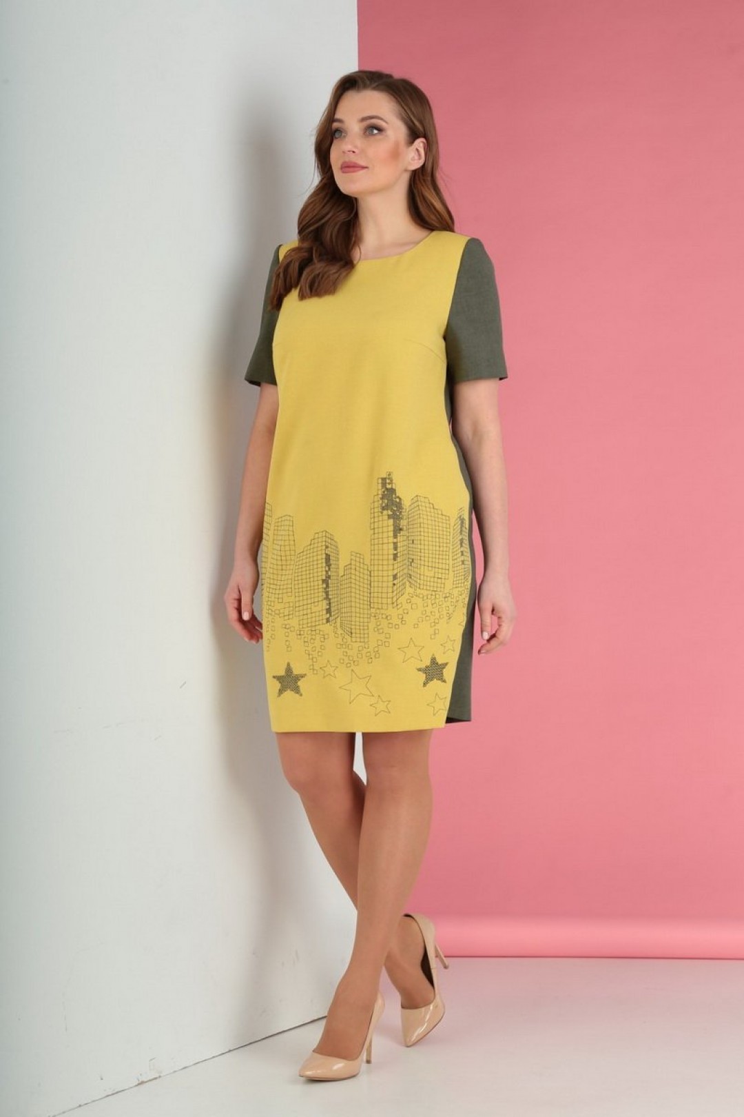 Платье Roksalina 1409 желтый+зеленый
