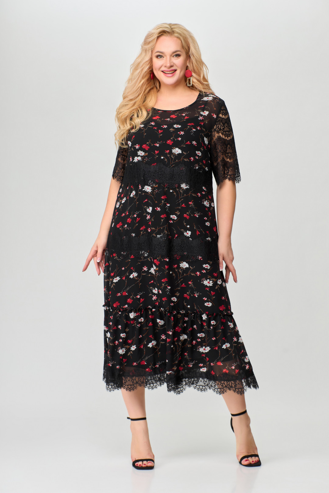 Платье Светлана-Стиль 1505 черный+красные цветы