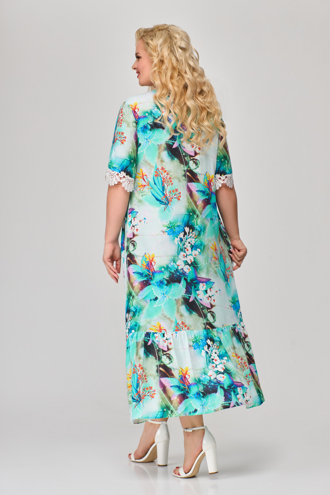 Платье Светлана-Стиль 1672 бирюзовый+цветы+белый