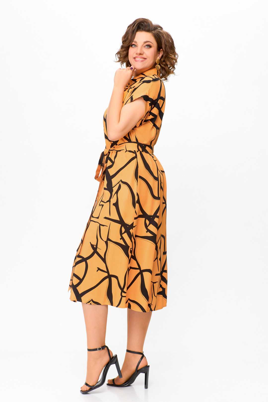 Платье Swallow 740 светло -оранжевый в чёрный принт абстракция