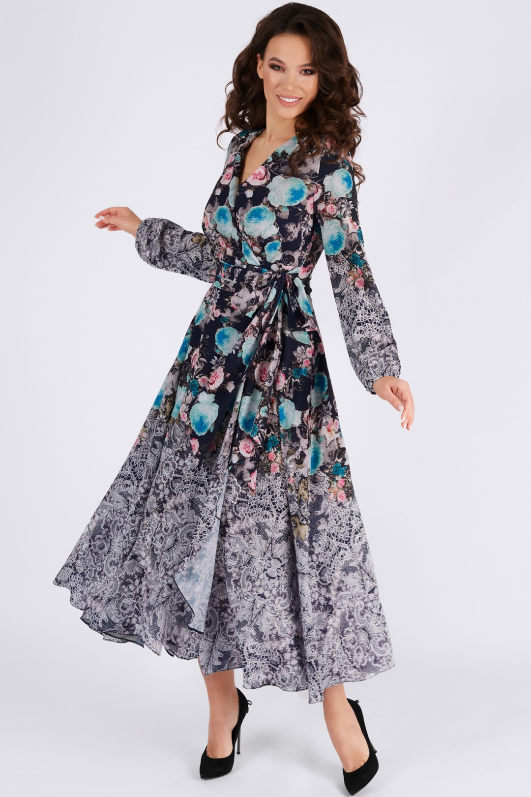 Платье ТЭФФИ-стиль 1417  бирюзовые цветы