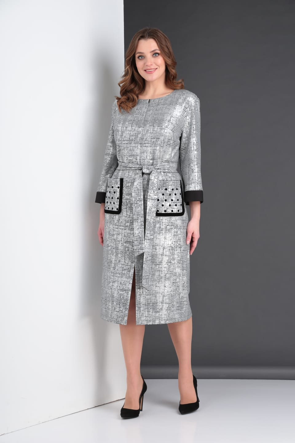 Платье ЗигзагСтиль 424 серый с черной отделкой