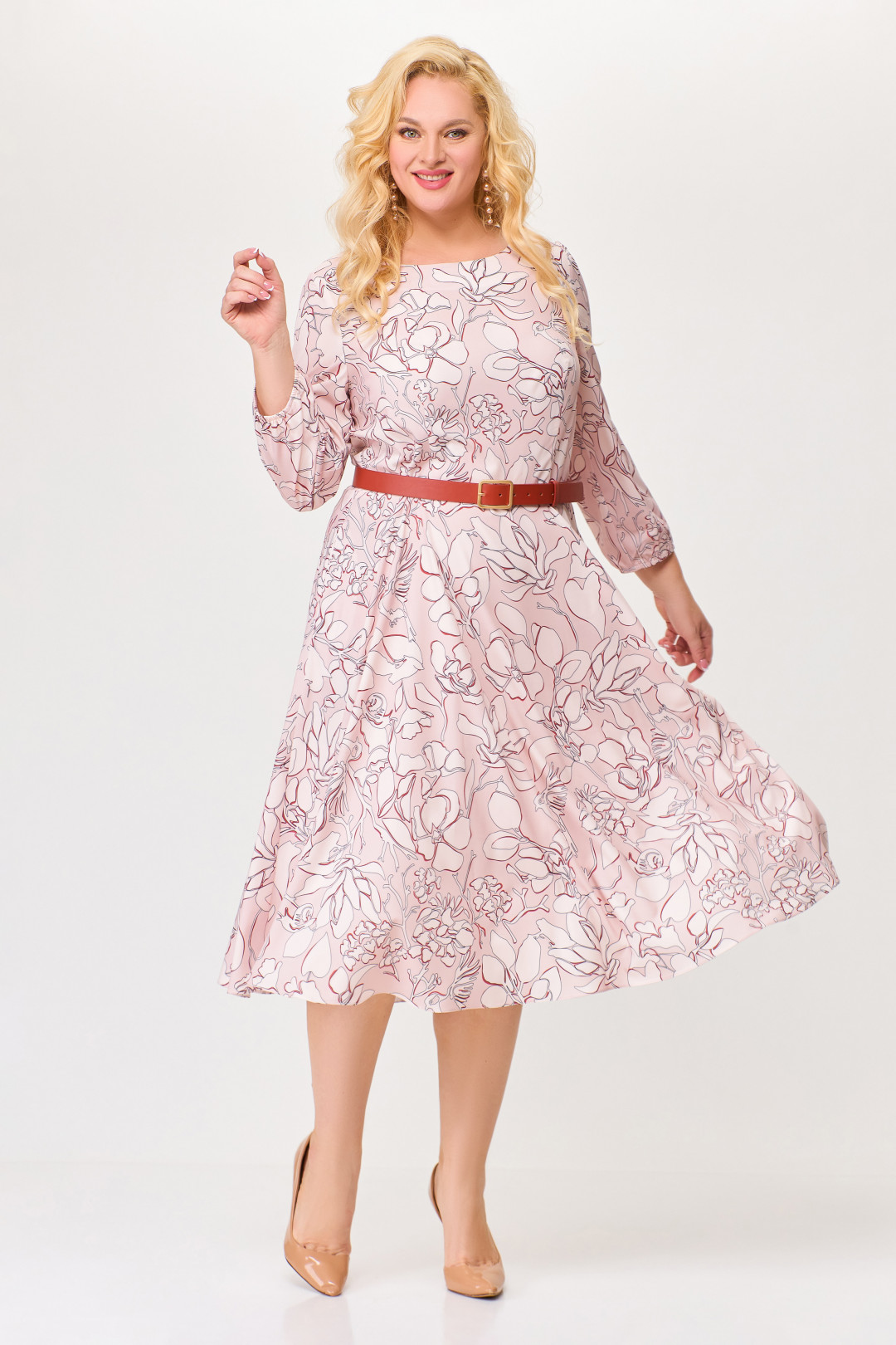 Платье Swallow 674.1 Розовый в принт  «бежевый сад»