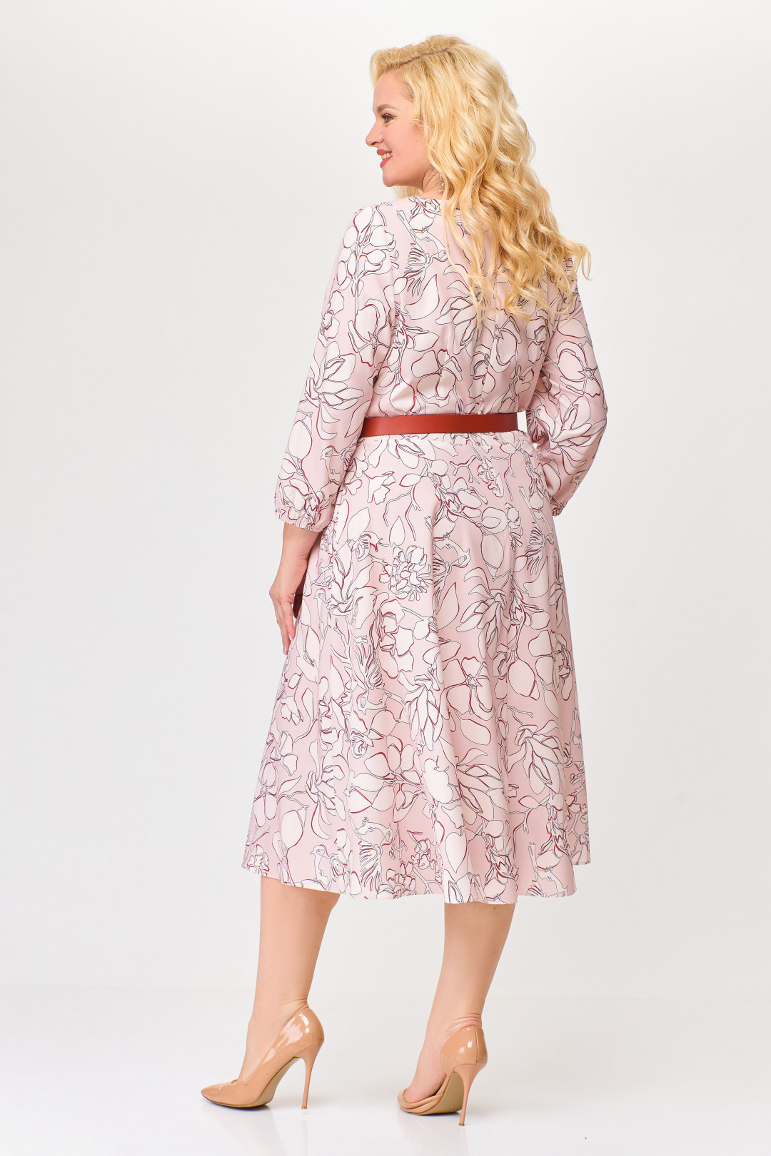 Платье Swallow 674.1 Розовый в принт  «бежевый сад»