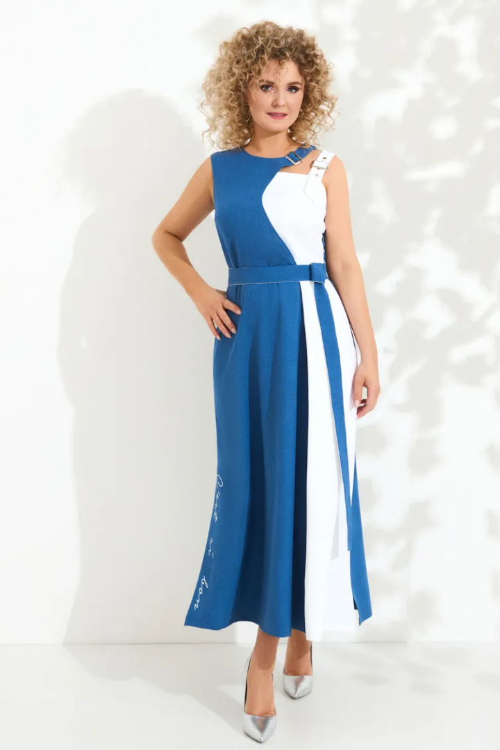 Платье ЕвроМода 413 синий джинс с белым