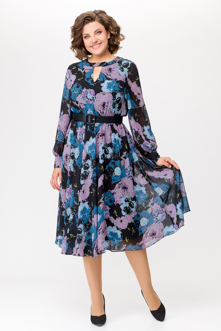 Платье Swallow 682 черный с розово-голубыми цветами